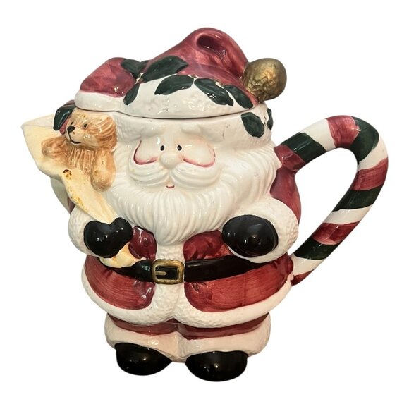 Jay Imports 1997 Santa Christmas Ceramic Teapot Lid Teddy Bear & Toy Bag 8.5" Ta - Picture 1 of 9